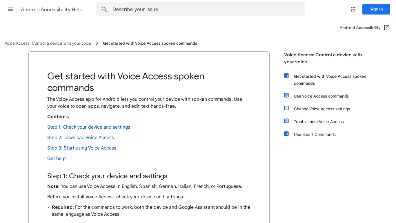 Voice Access Landing page