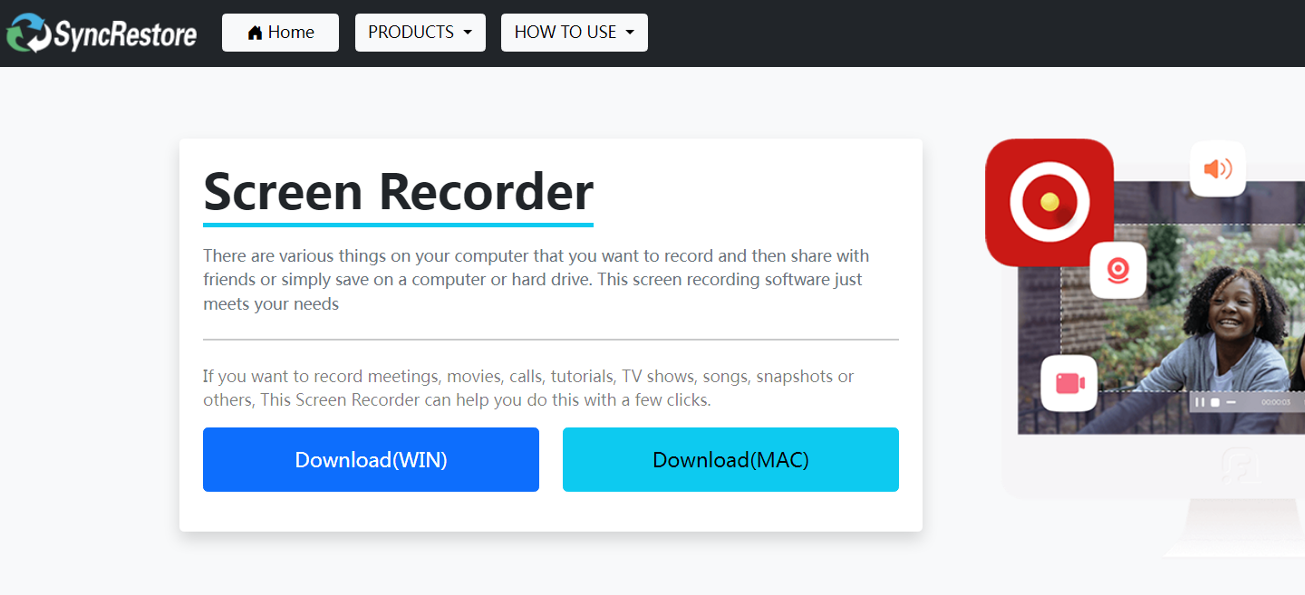 SyncRestore Screen Recorder Landing page