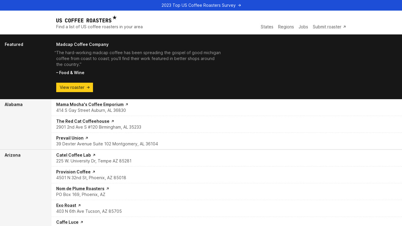 US Coffee Roasters App Landing page