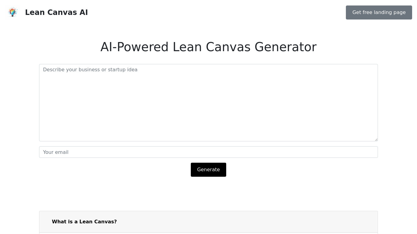Lean Canvas AI Landing page