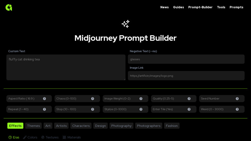 Midjourney Prompt Builder by Artificin Landing Page
