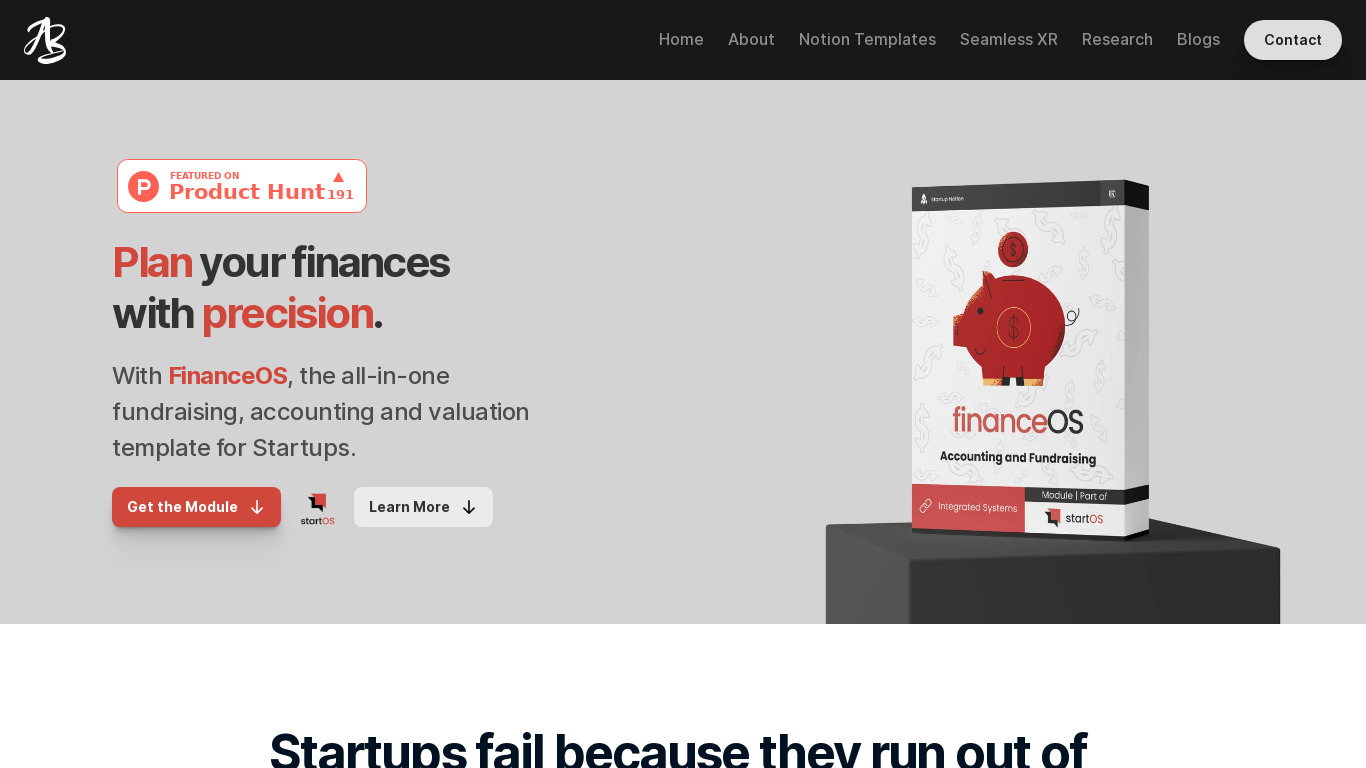 FinanceOS: StartOS' Startup Finance Hub Landing page