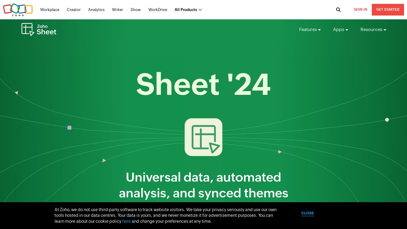 Zoho Sheet '24 Landing page