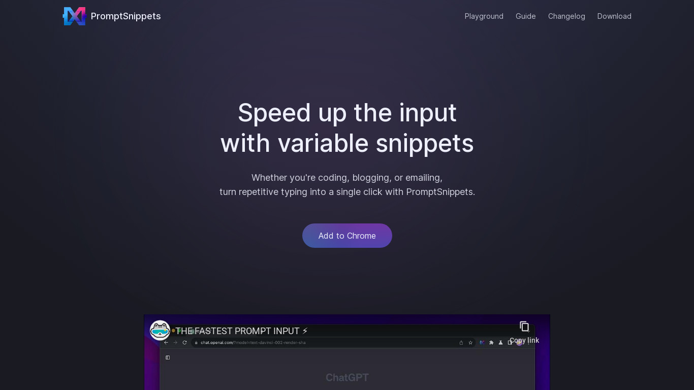 PromptSnippets Landing page