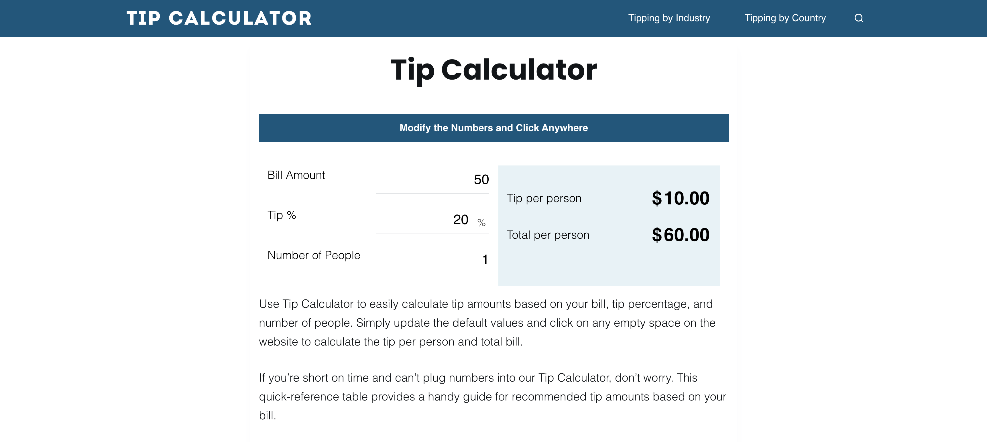 Tip-Calculator.org Landing page