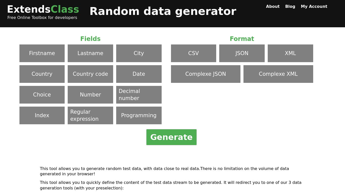 ExtendsClass Random Data Generator Landing page