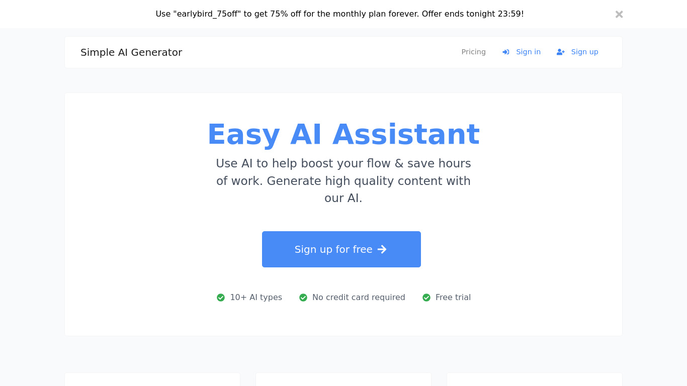 SimpleAIGenerator.com Landing page