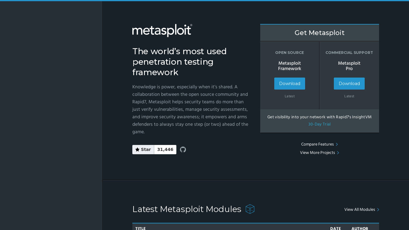 Metasploit Landing page