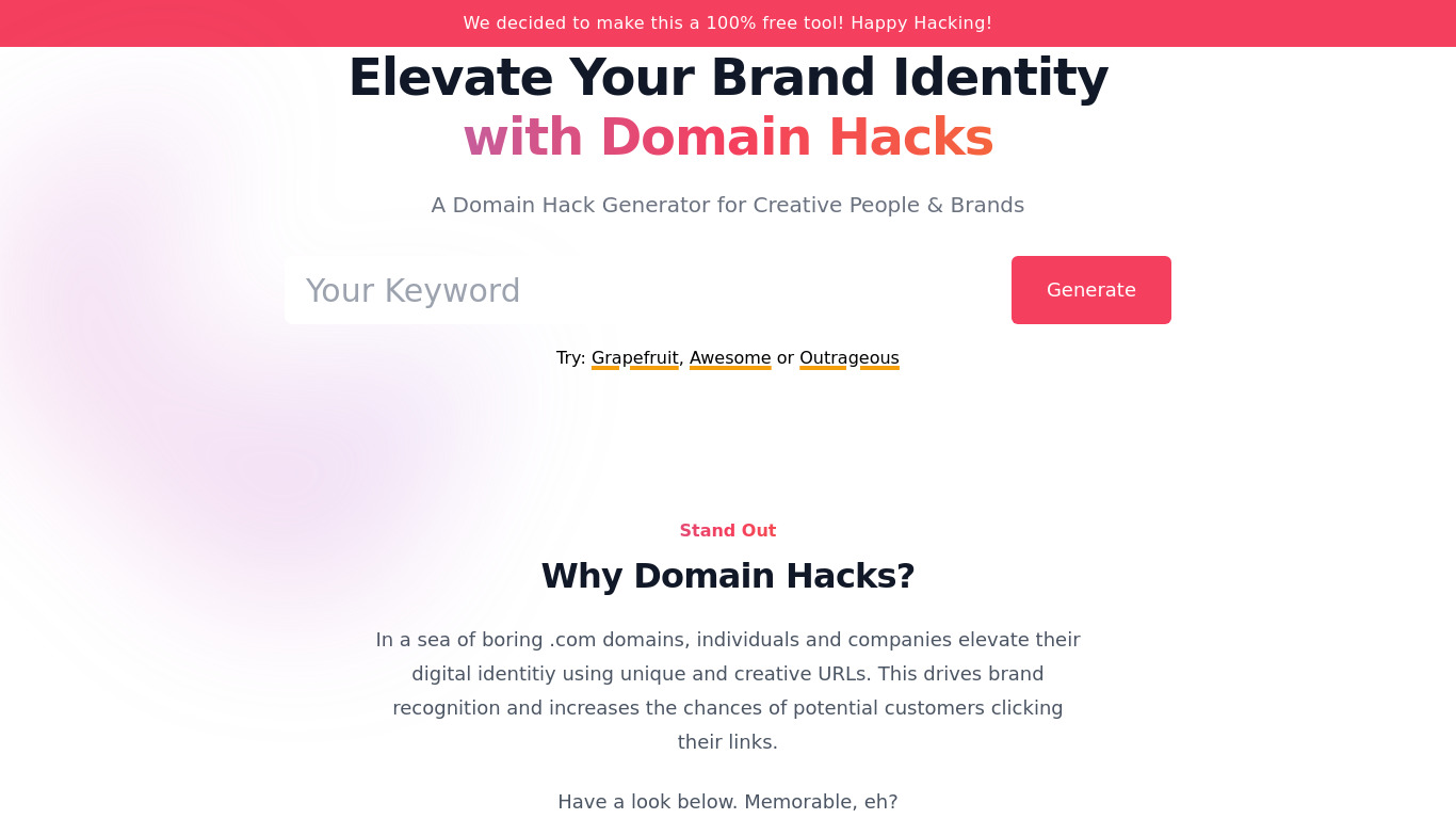 Domainhacks.info Landing page