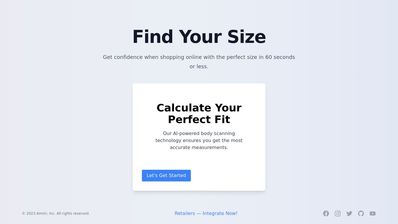 Find My Size Landing page