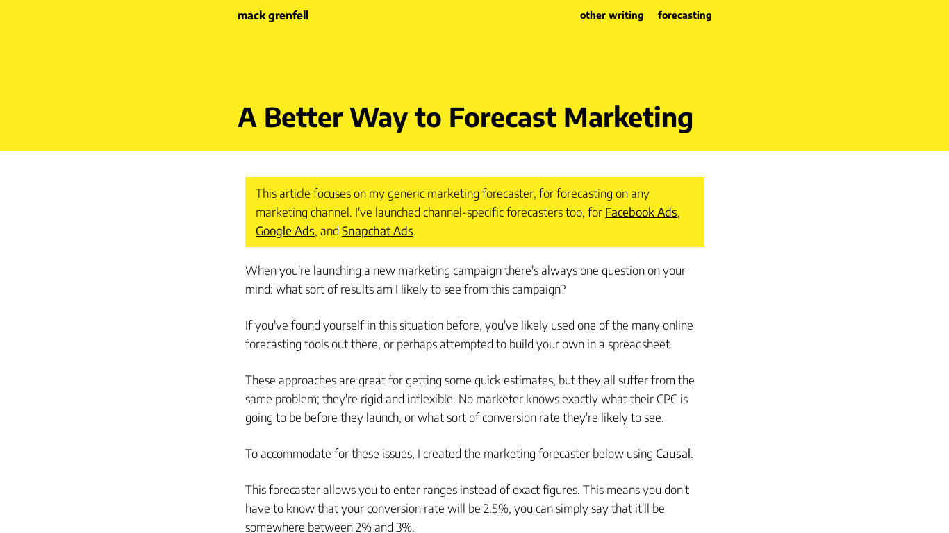 Probabilistic Marketing Forecaster Landing page