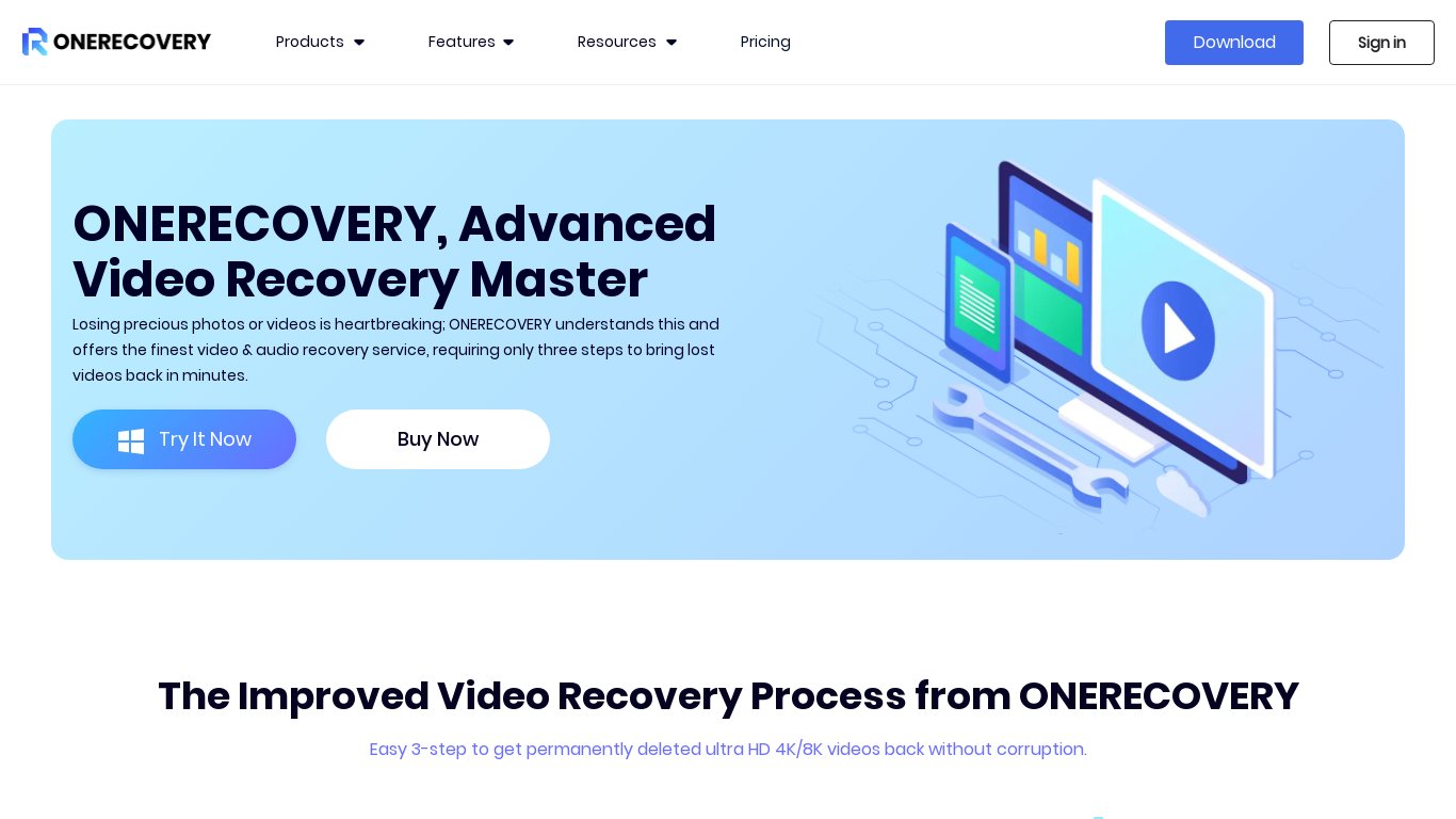 Video Recovery by One Recovery Landing page