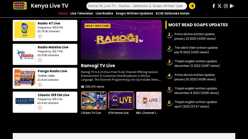 Kenya Live TV Landing Page