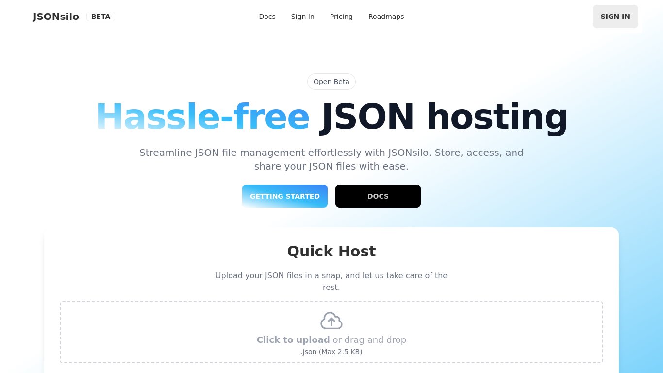JSONsilo.com Landing page