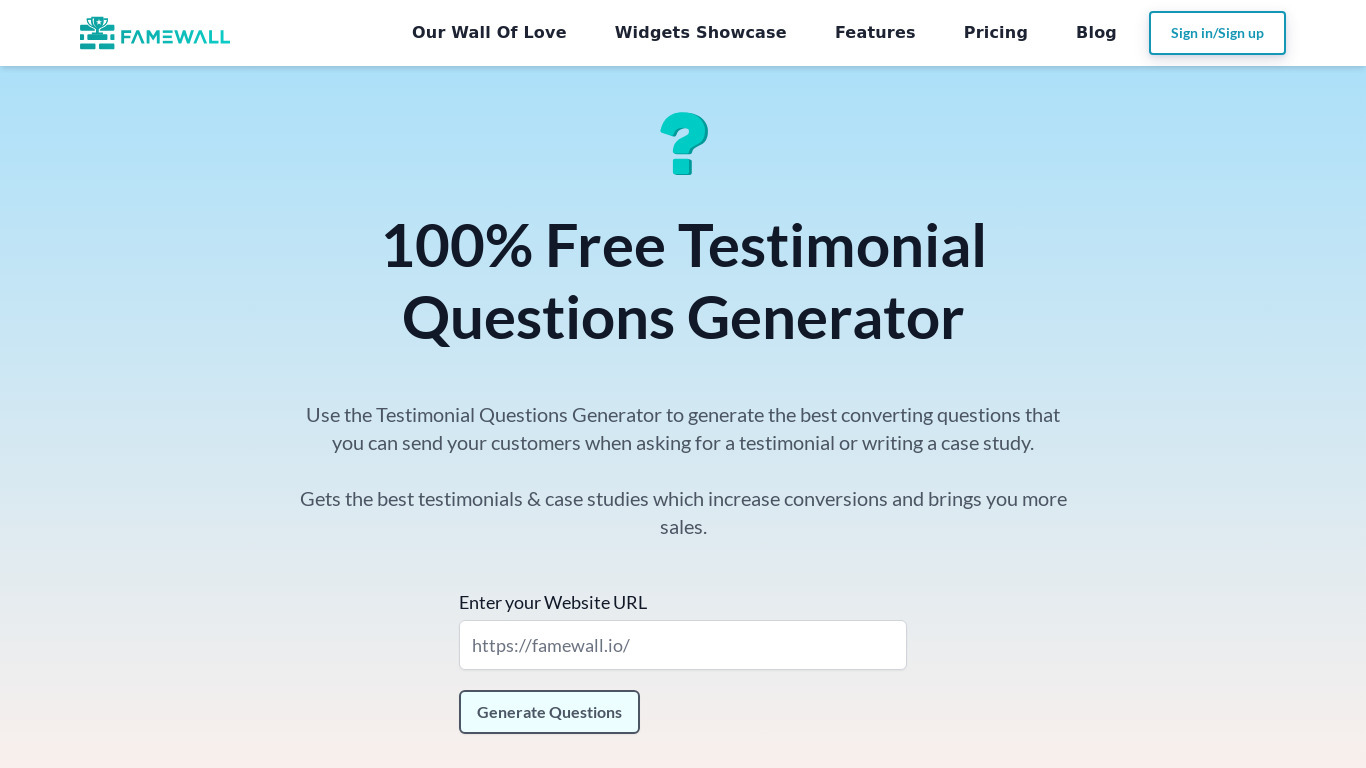 AI Testimonial Questions Generator Landing page