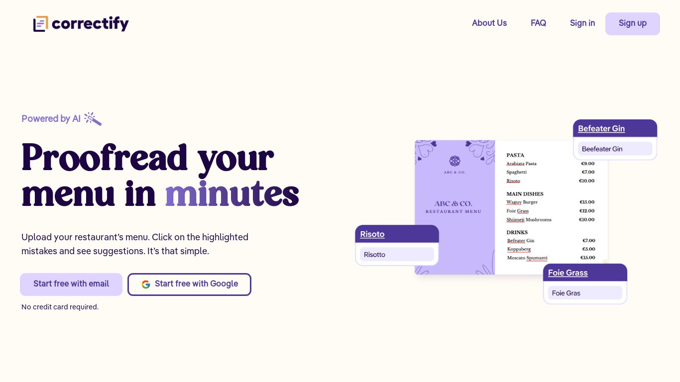 Correctify Landing page
