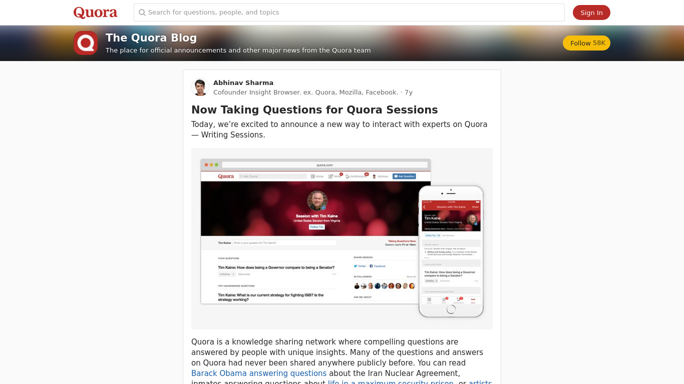 Quora Writing Sessions Landing page