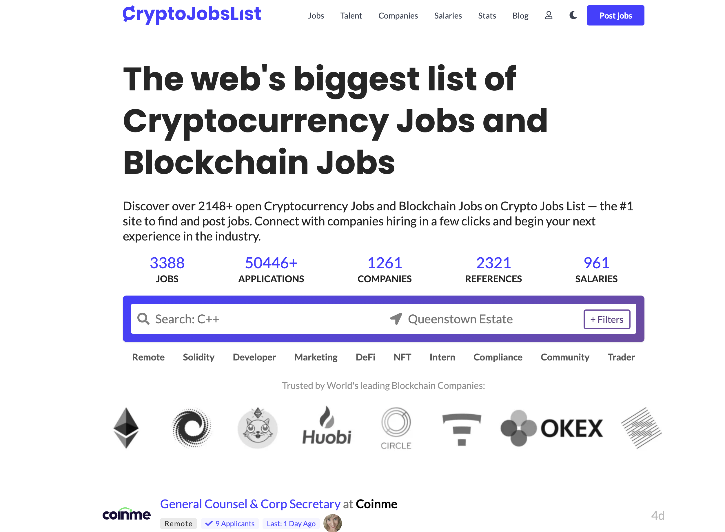Crypto Jobs List Landing page