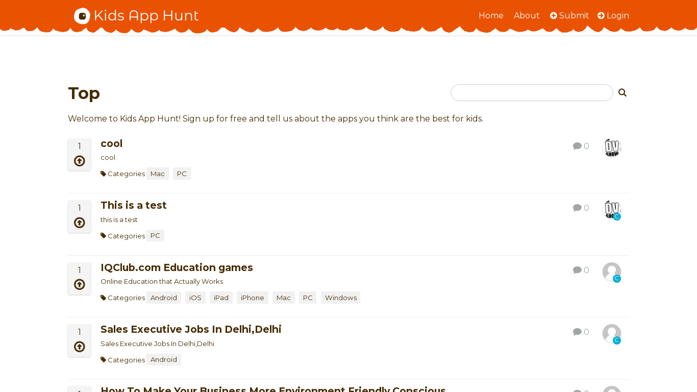 Kids App Hunt Landing page