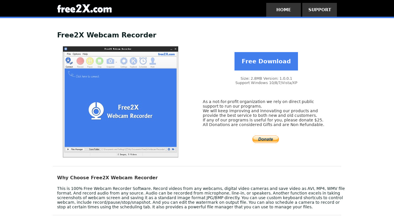Free2x Webcam Recorder Landing page