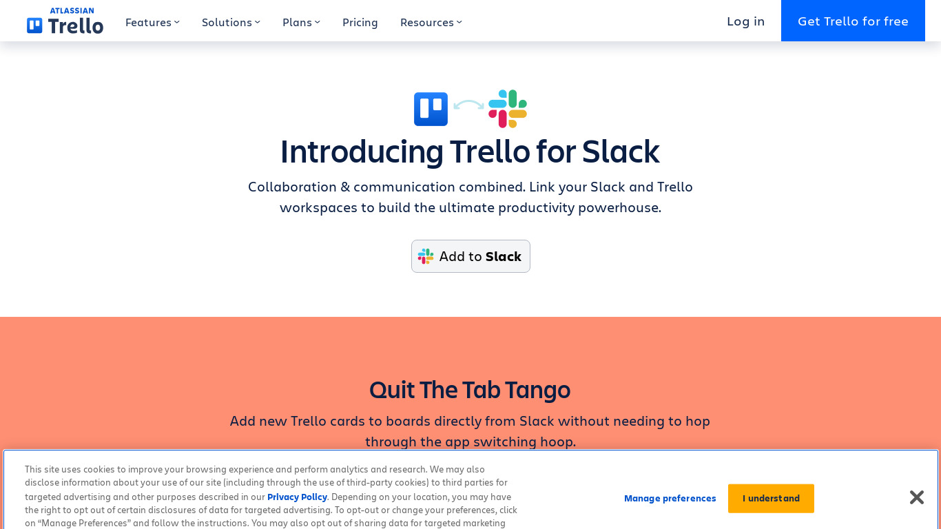 Trello for Slack Landing page