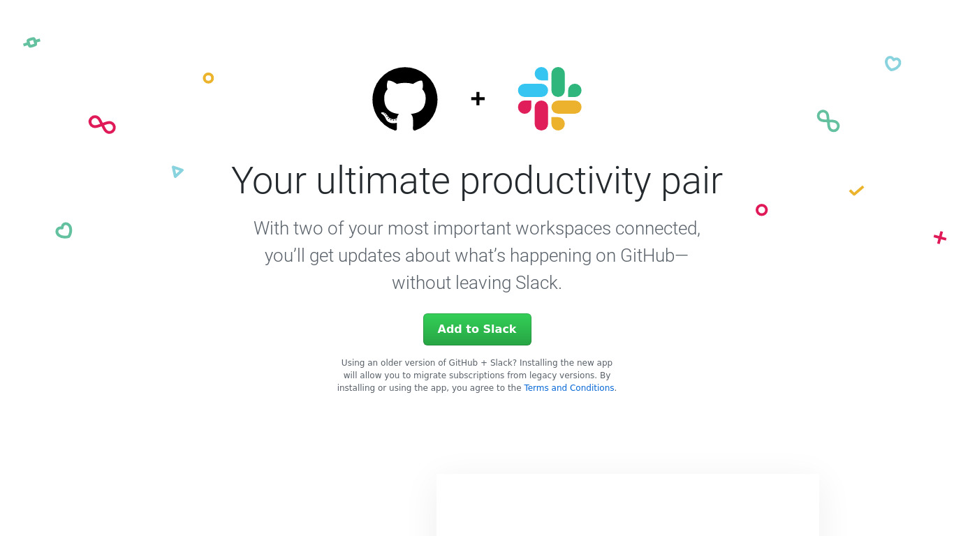GitHub + Slack Integration Landing page