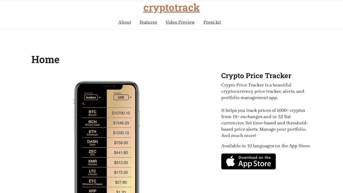 Crypto Price Tracker Landing page