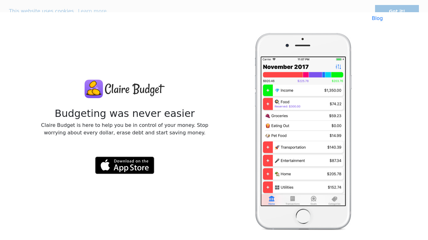Claire Budget Landing page