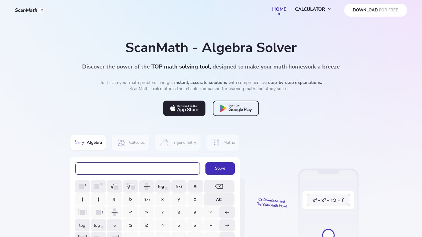 Scan Math - Algebra Solver Landing page