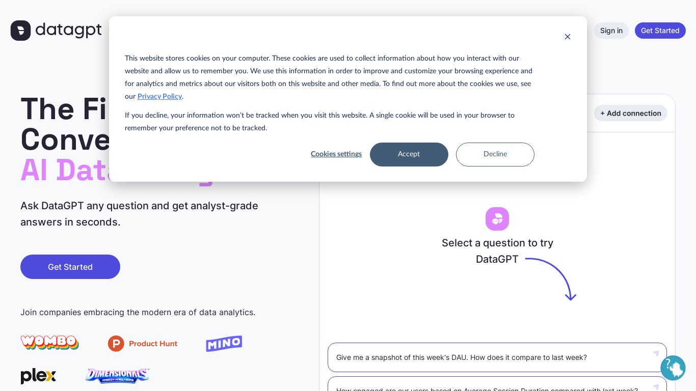 DataGPT Landing page