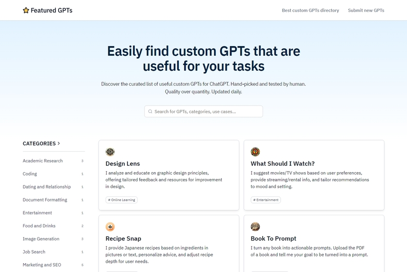 Featured GPTs Landing Page