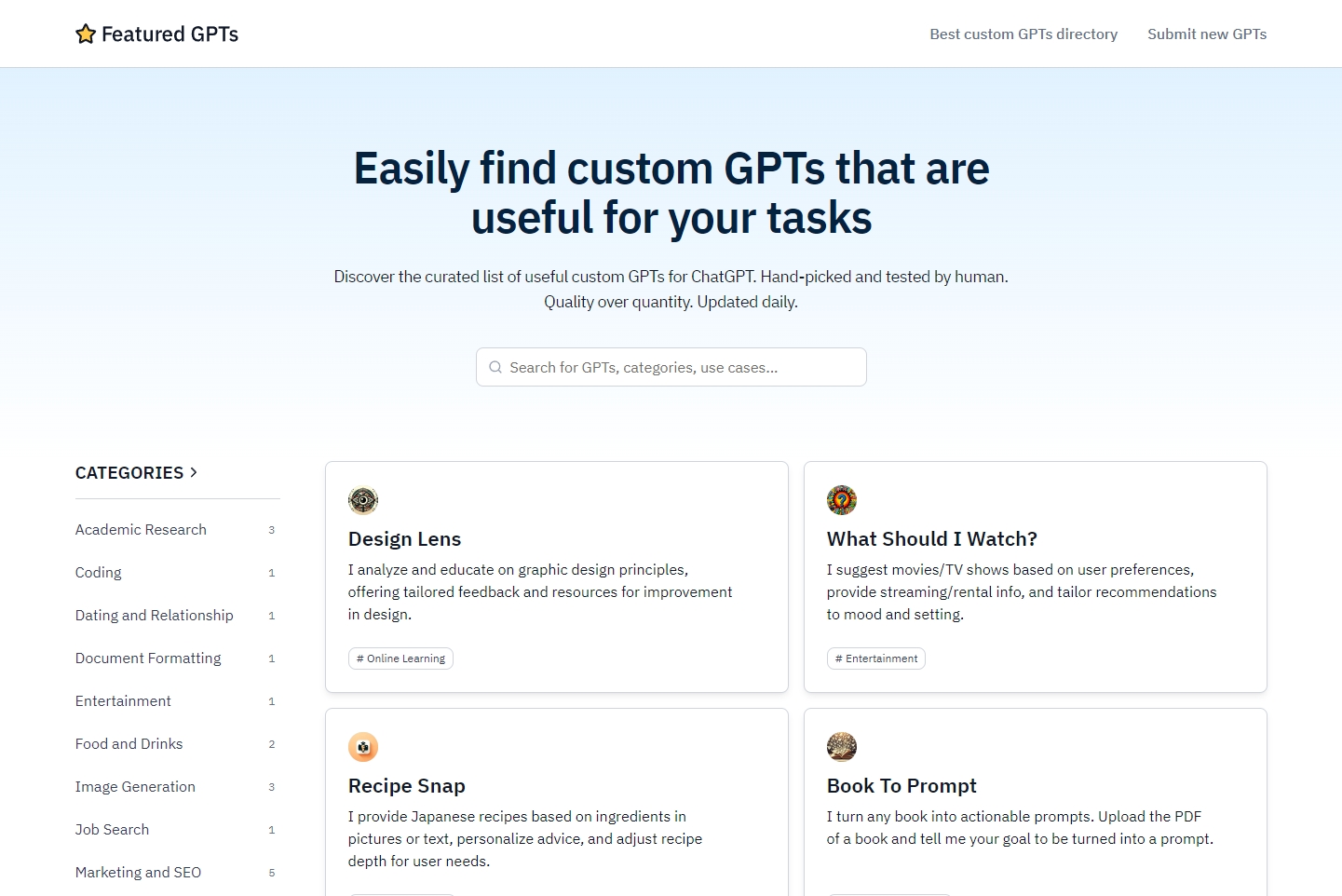 Featured GPTs Landing page