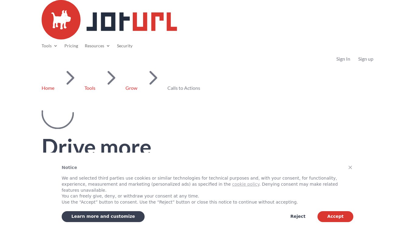 JotUrl AI-driven Call-To-Actions Landing page