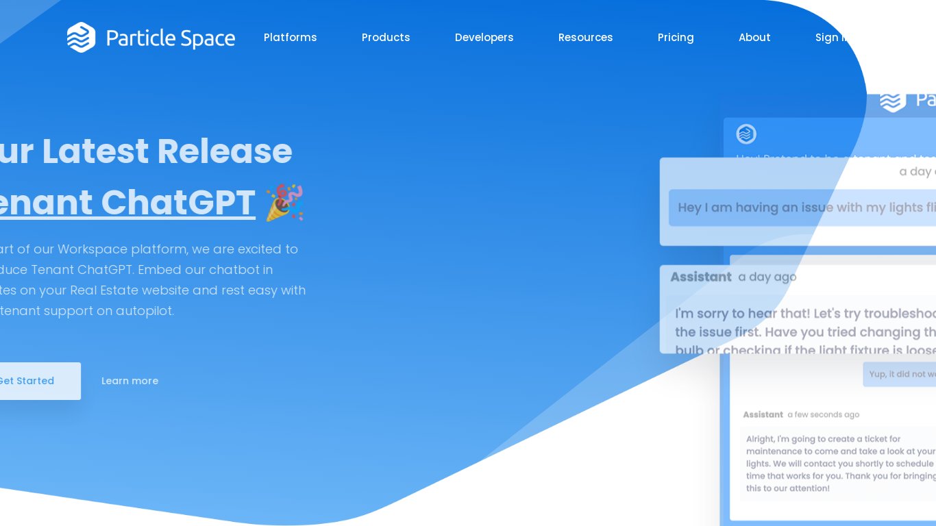 Particle Space Landing page