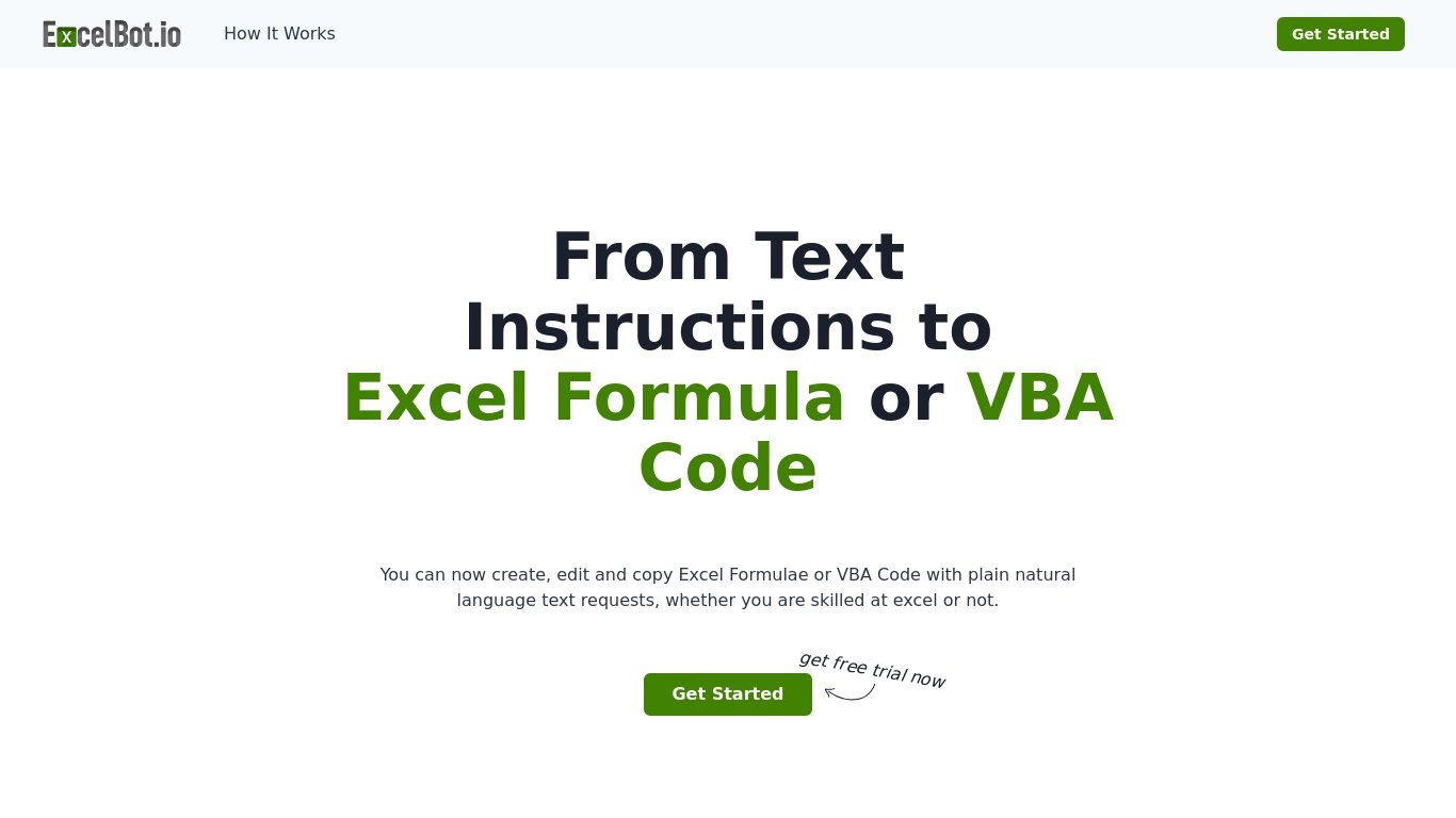 ExcelBot Landing page
