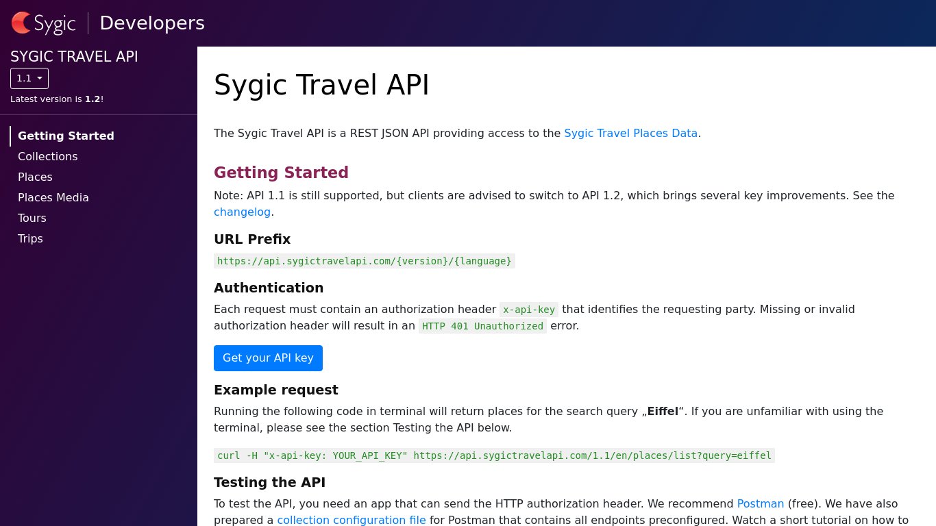 Sygic Travel API Landing page