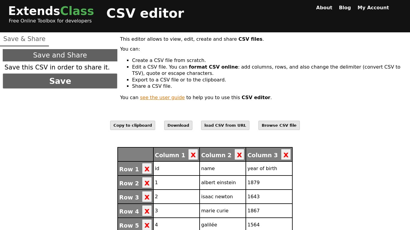 ExtendsClass CSV Editor Landing page
