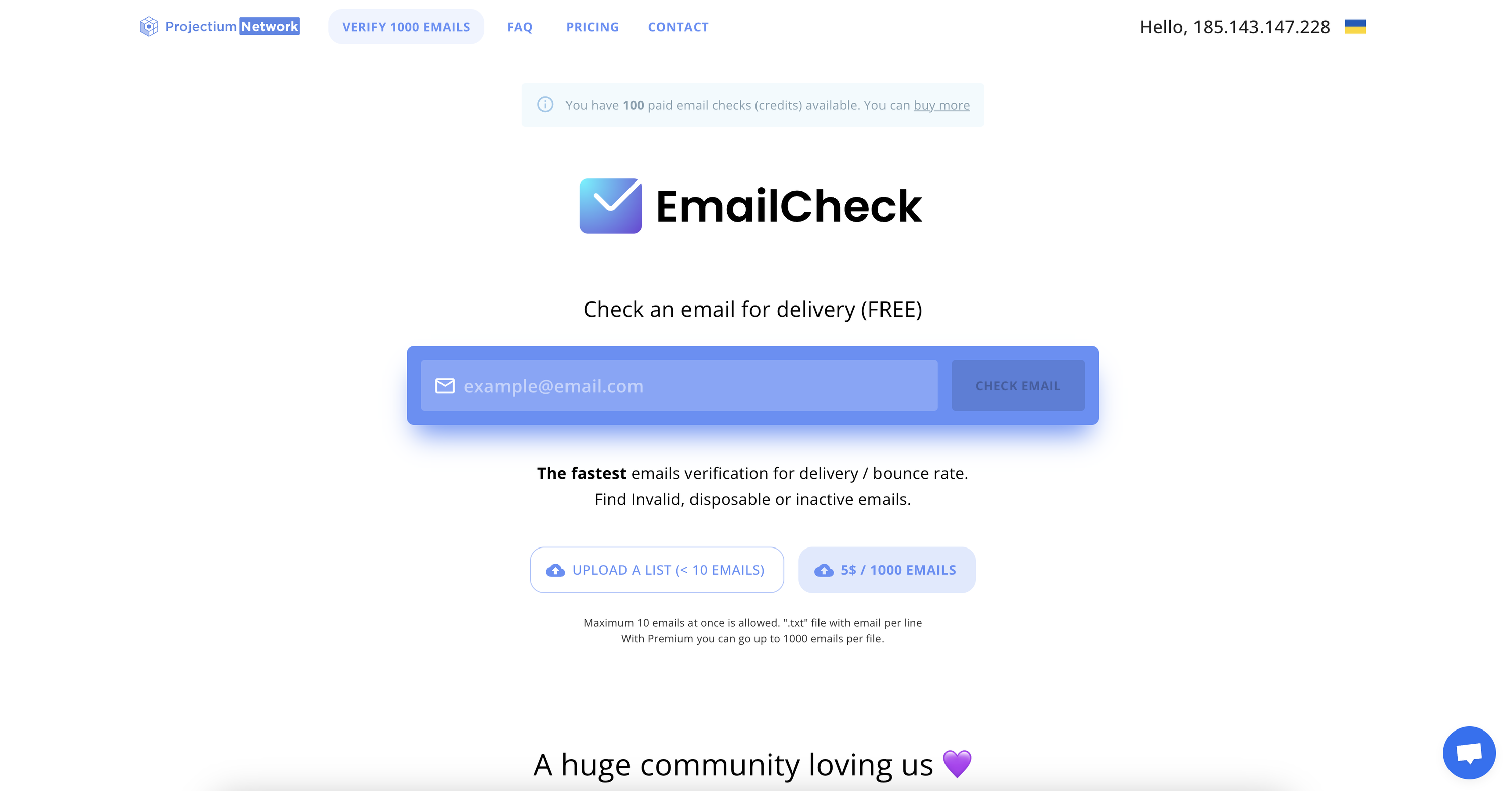Projectium Network EmailCheck Landing page