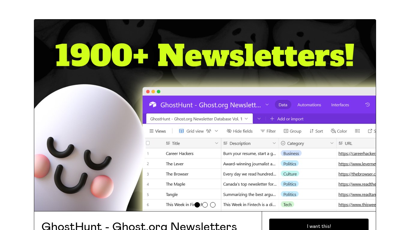 GhostHunt! Ghost.org Newsletter Database Landing page