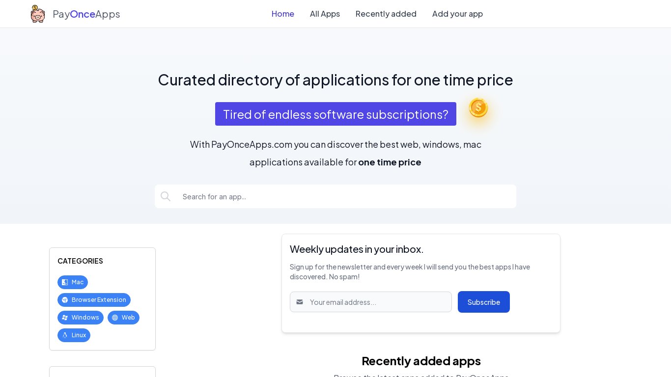 PayOnceApps.com Landing page