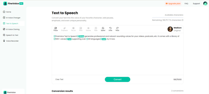 FineVoice Text to Speech Landing Page