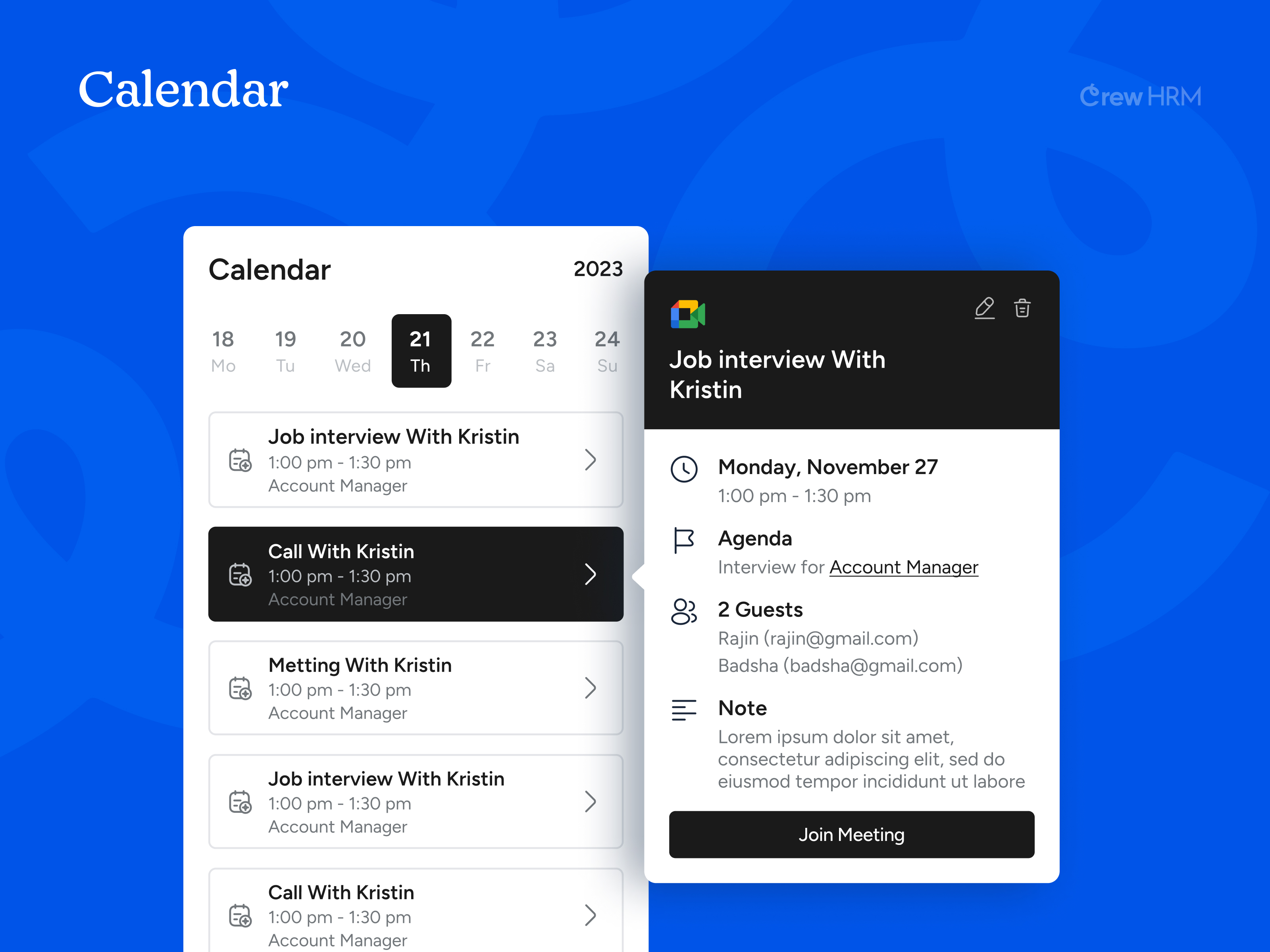 Crew HRM Calendar integrated with Google Meet and Zoom