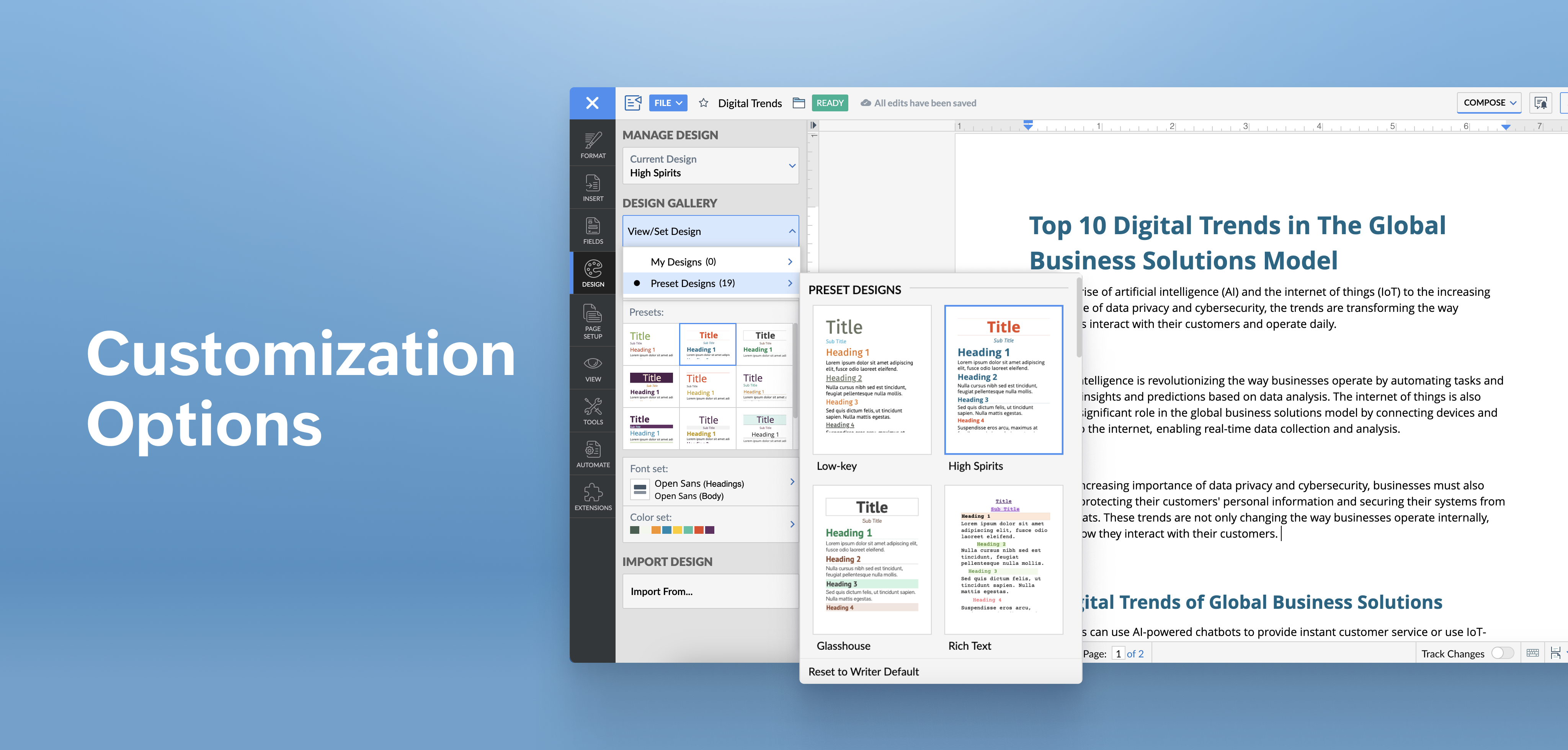 Zoho Writer Various advanced customization options for your documents