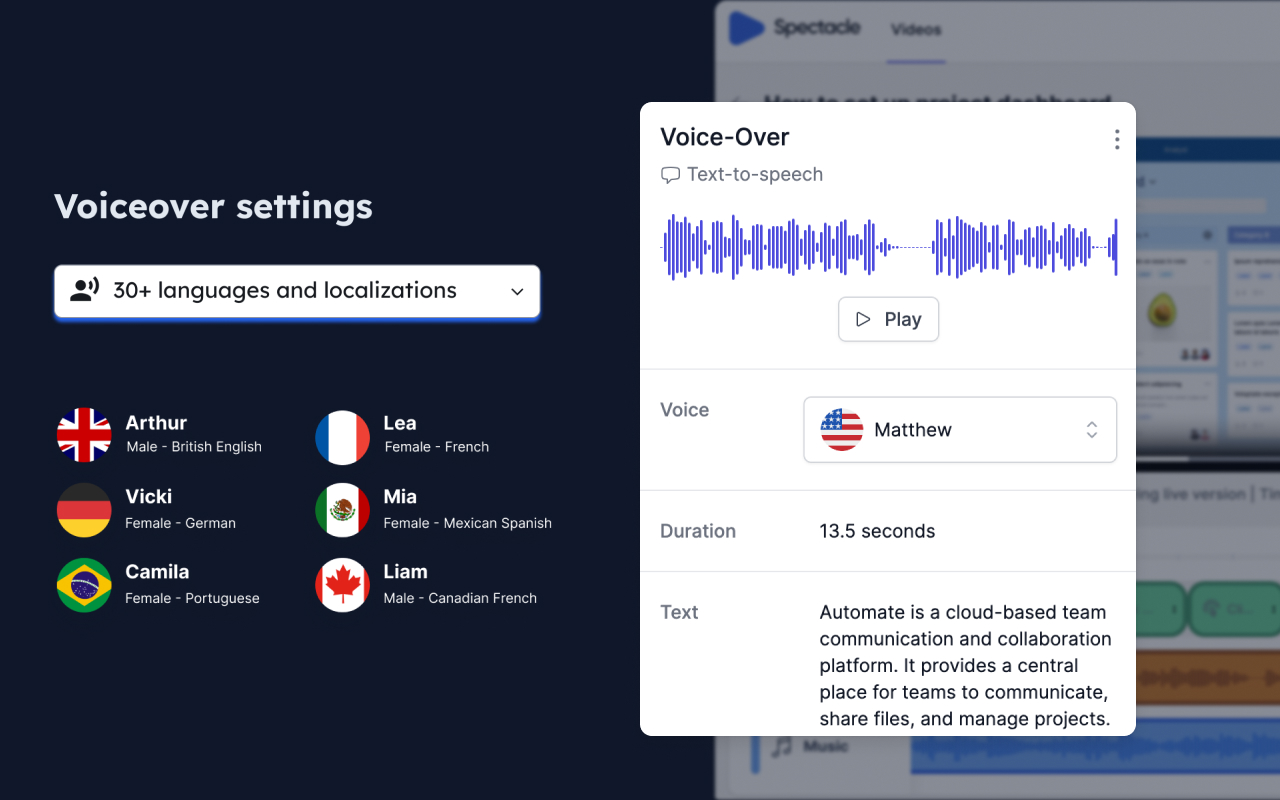 Spectacle Add voice over and choose from over 30 voices in different languages and dialects. 