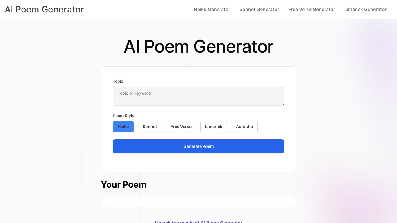 Poem Generator App Landing page