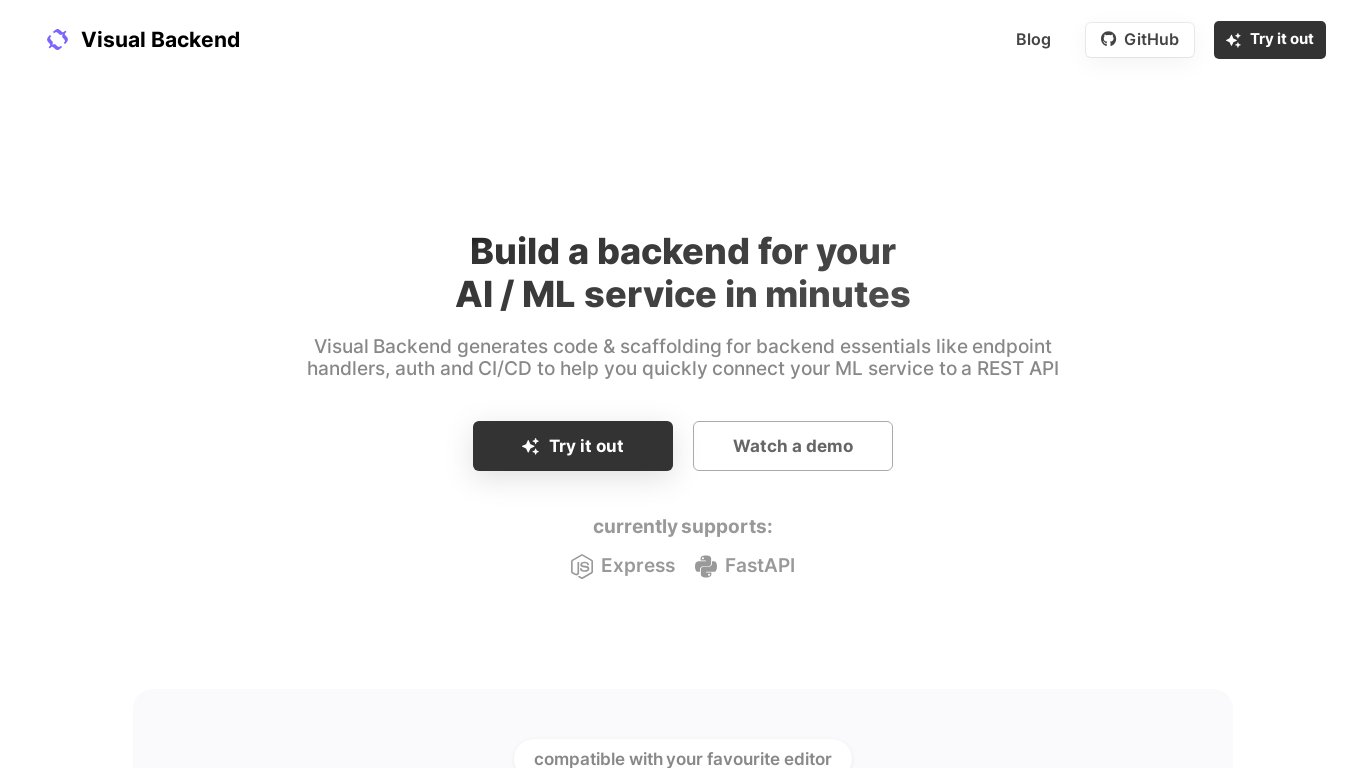 Visual Backend Landing page