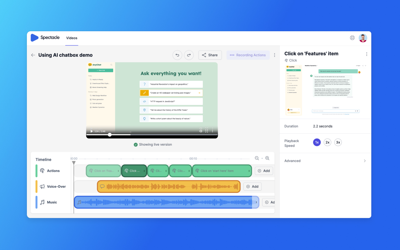 Spectacle Create professional SaaS tutorial videos for free. Update videos to automatically sync with product changes, without having to start from the beginning.