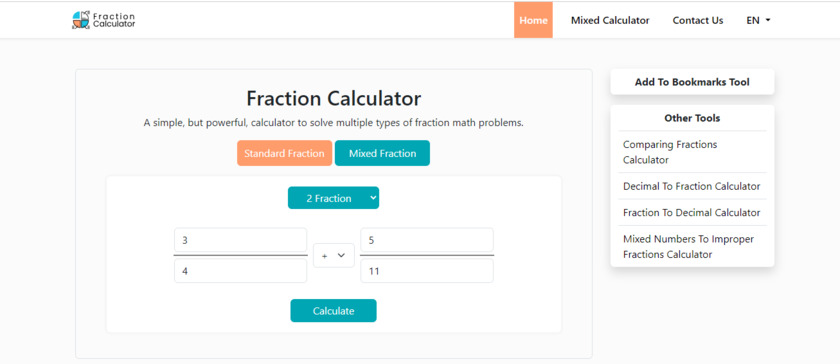 Fraction-Calculator.net Landing Page
