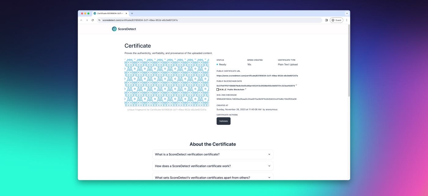 ScoreDetect Verification Certificate