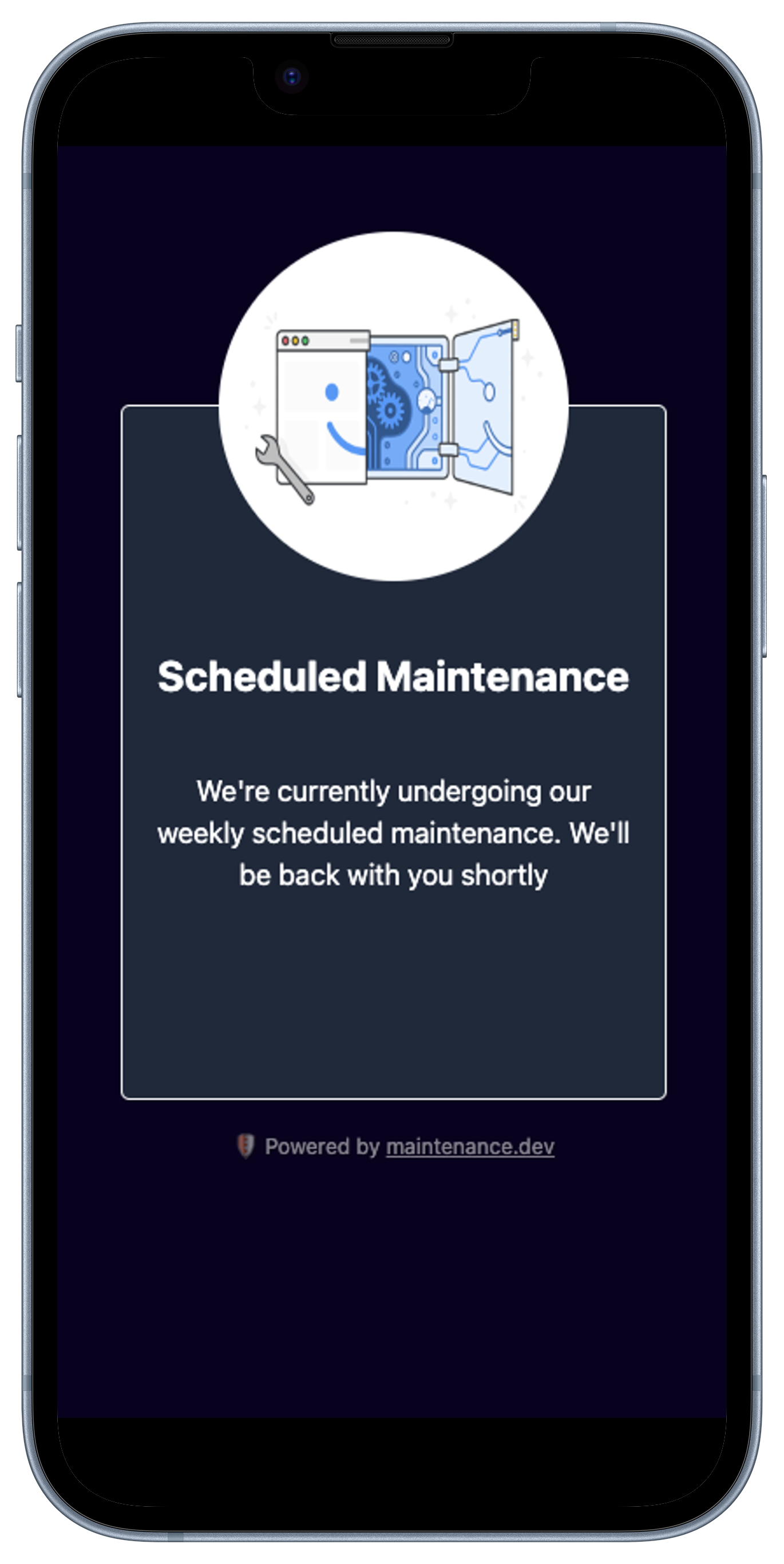 Maintenance.dev Website with maintenance mode toggled on